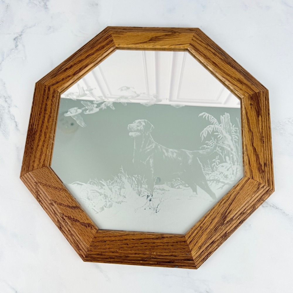 VTG Octagon Wood Framed Mirror Etched Dog Hound Seagulls Birds 12.5" EUC!